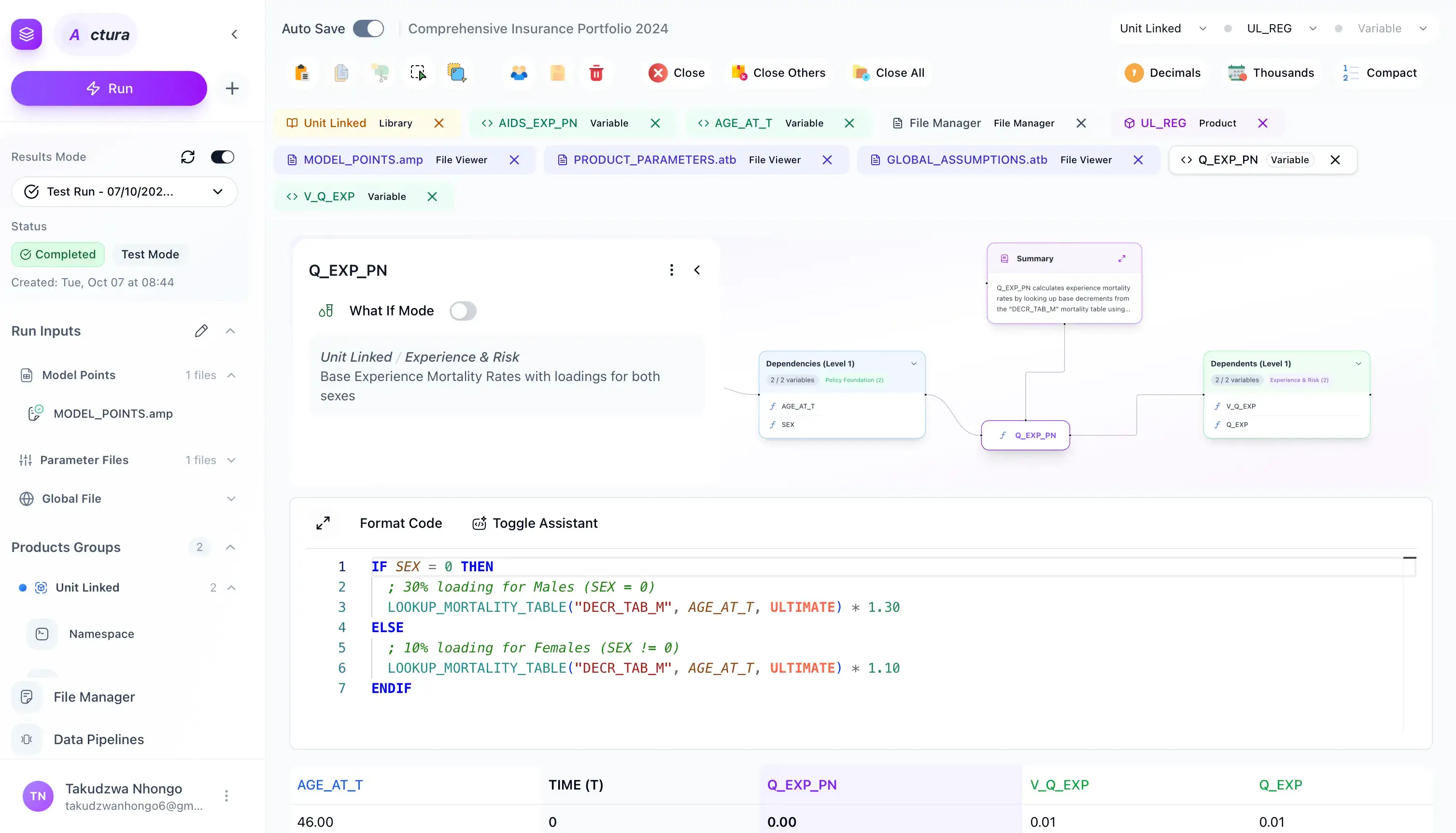 Actura actuarial modeling platform screenshot